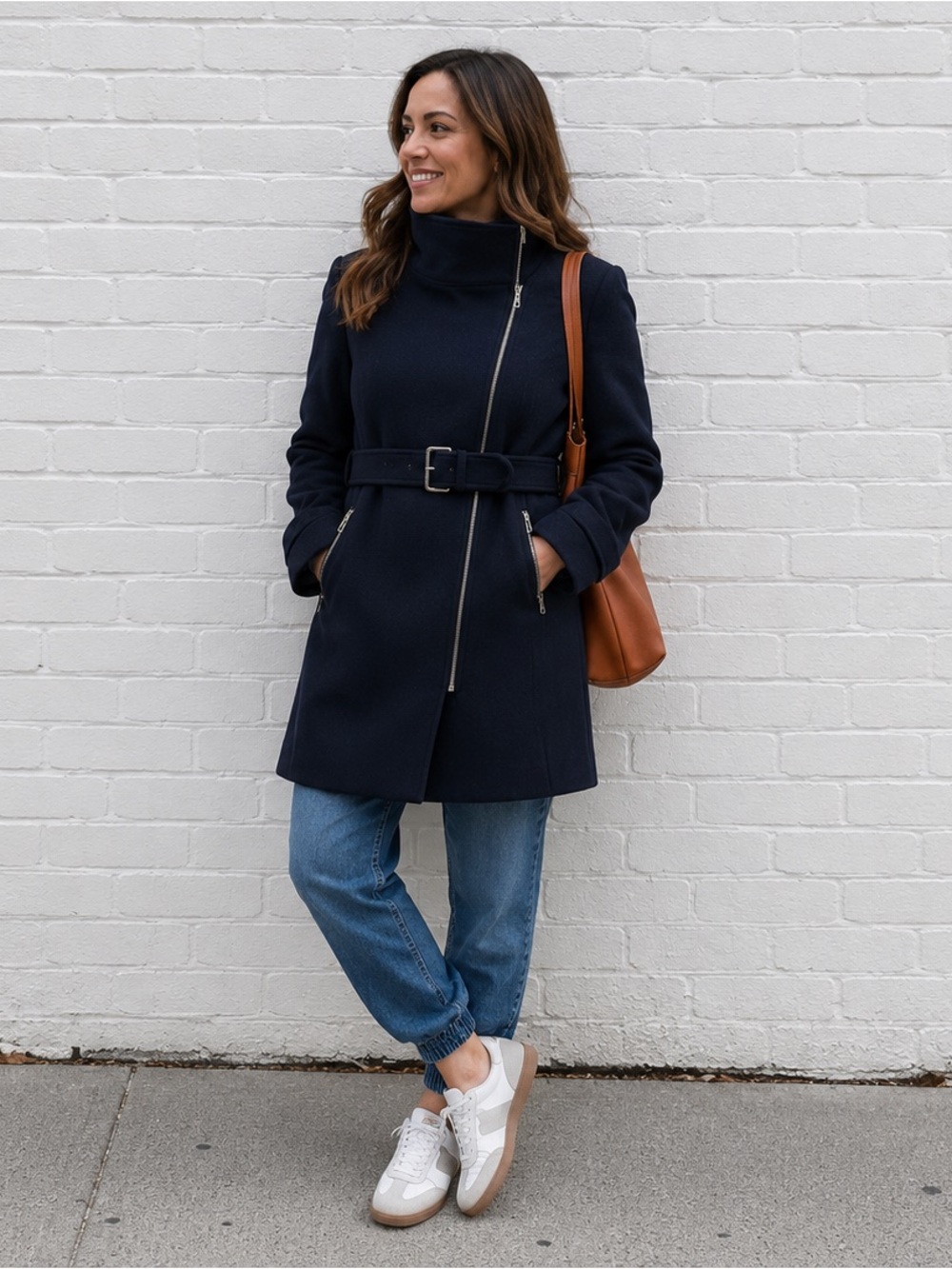 Navy Belted Wool Coat with Asymmetric Zip